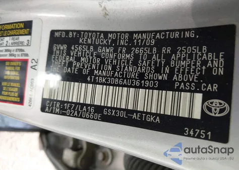 2010 Toyota Avalon Xls z USA, uszkodzony, nr VIN 4T1BK3DB6AU361903